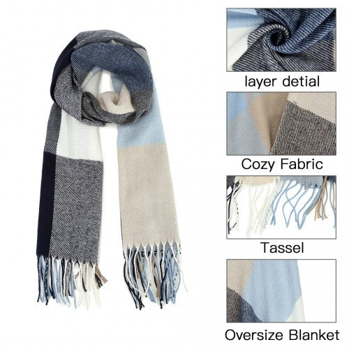 Acrylic Fashion Women's Long Shawl Grid Tassel Winter Warm Oversized Scarf - Navy