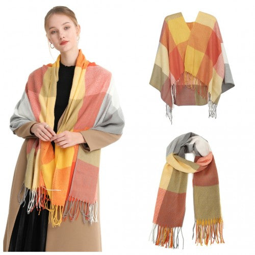 Acrylic Fashion Women's Long Shawl Grid Tassel Winter Warm Oversized Scarf - Orange