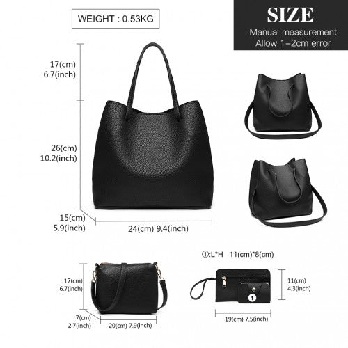 Miss Lulu 4 Piece Set Shoulder Tote Handbag - Black