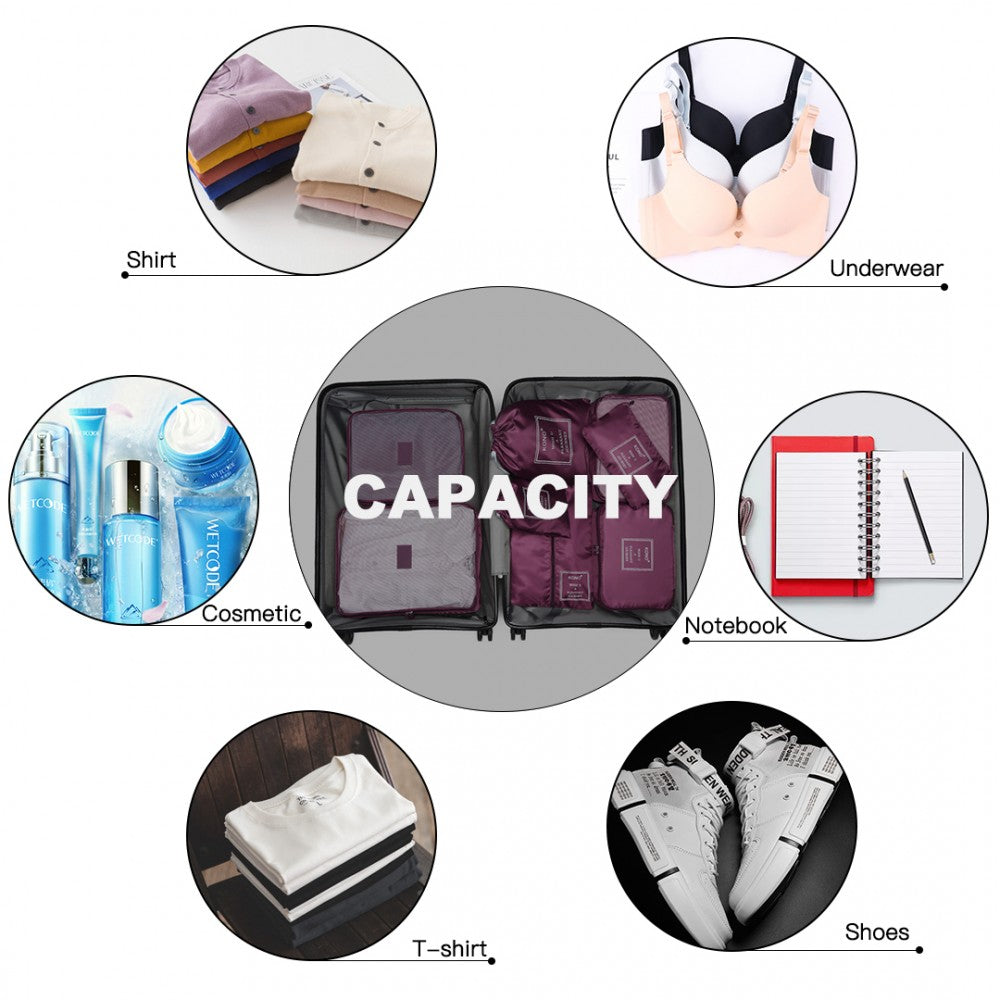Kono 8 Piece Polyester Travel Luggage Organiser Bag Set - Burgundy